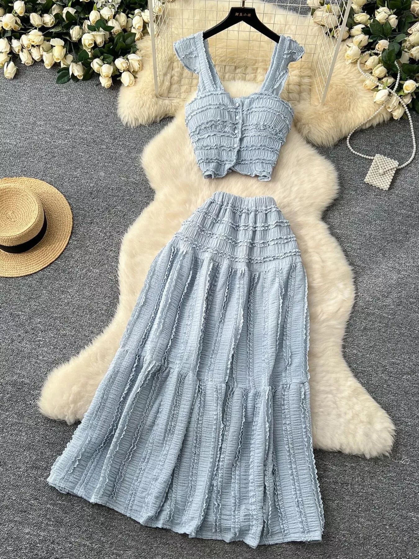 Hazel Blues® |  Textured Crop Top and Tiered Skirt Set