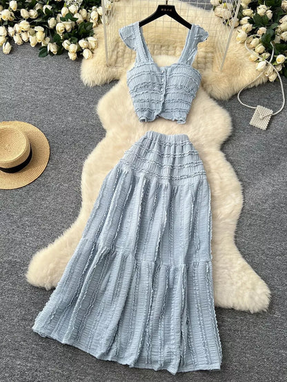Hazel Blues® |  Textured Crop Top and Tiered Skirt Set