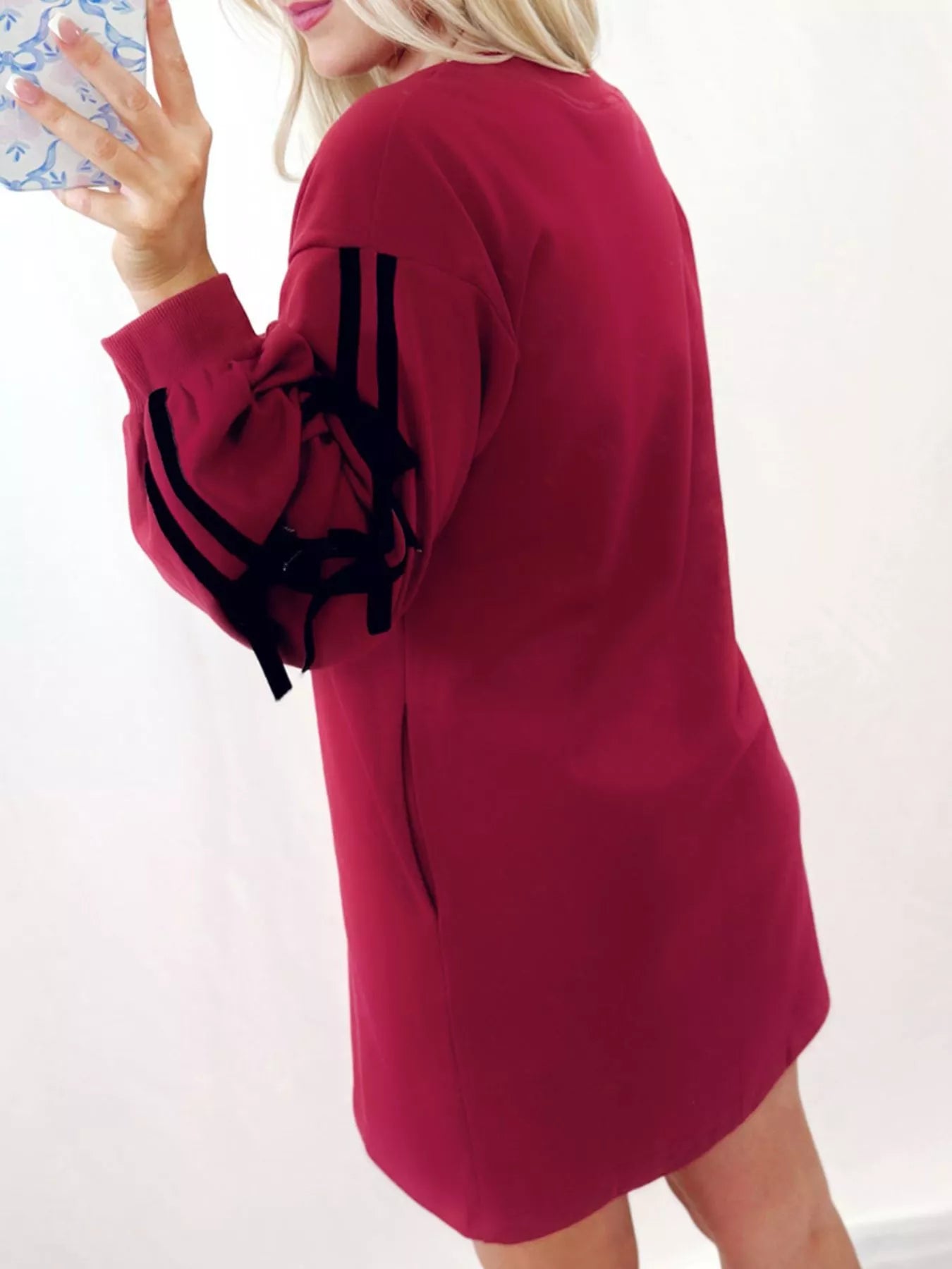 Hazel Blues® |  Contrast Striped Bow Detail Drop Shoulder Sweatshirt Dress with Pockets