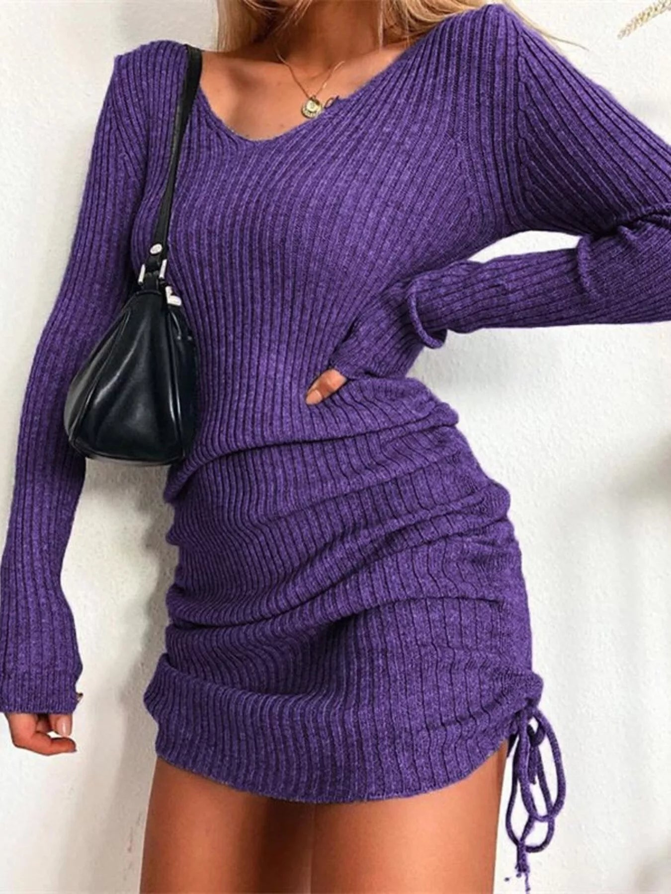 Hazel Blues® | Ribbed Knit Drawstring Bodycon Sweater Dress