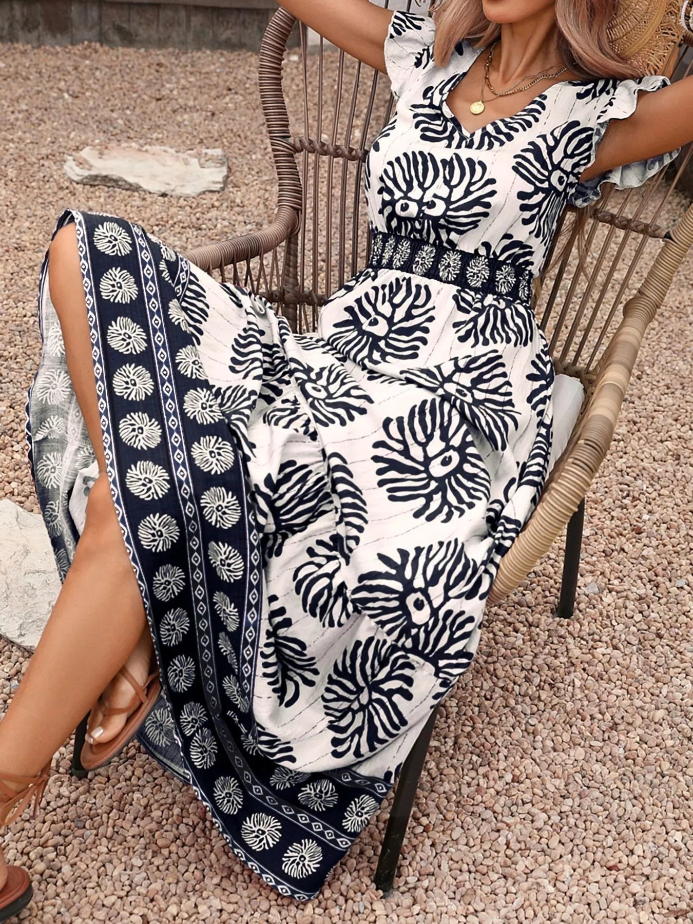 Hazel Blues® |  Printed V-Neck Cap Sleeve Maxi Dress