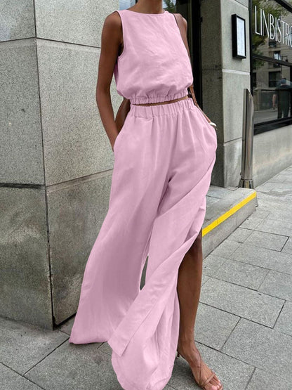 Hazel Blues® |  Sleeveless Crop Top and Slit Pants Set