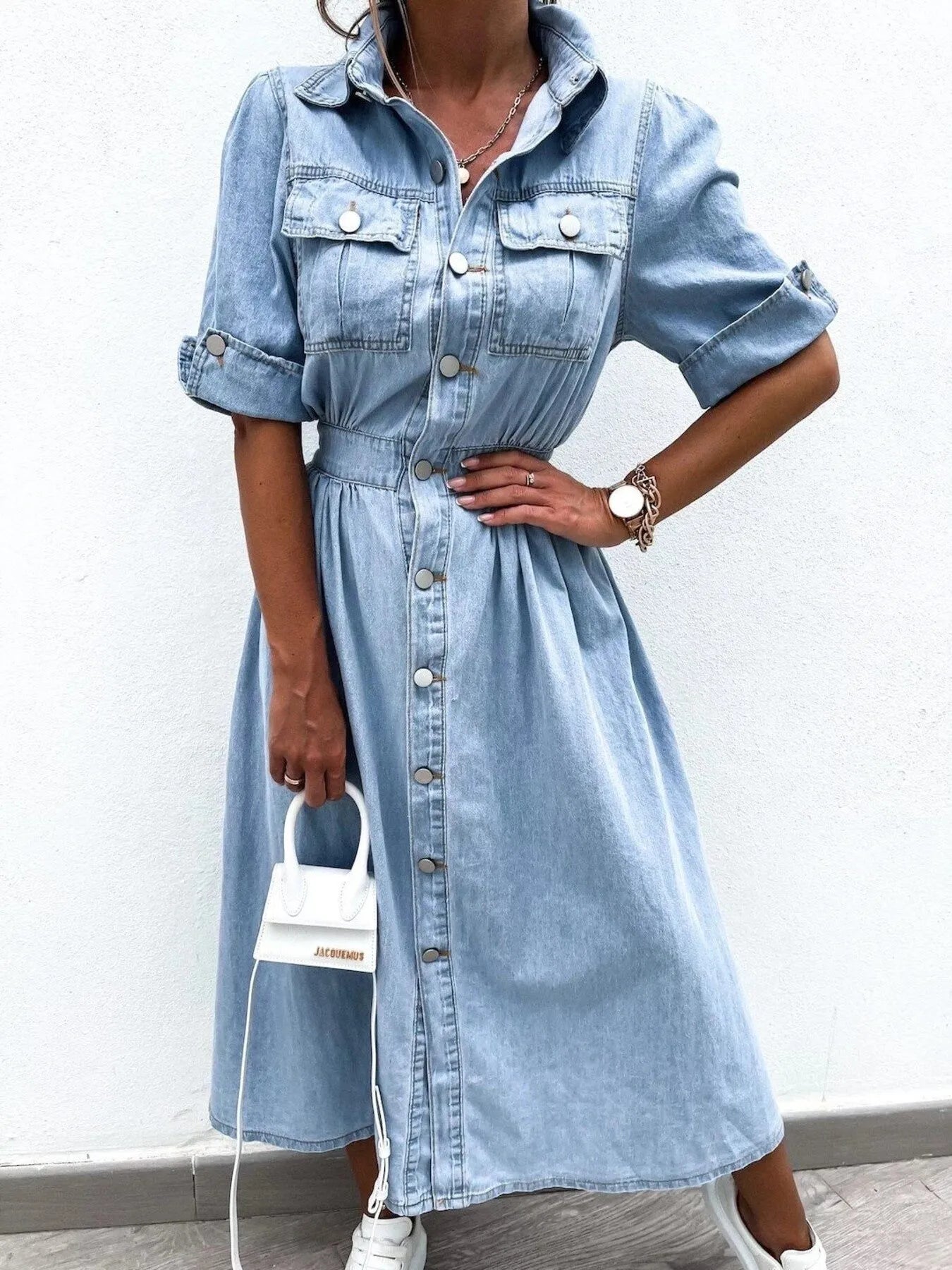 Hazel Blues® | Button Down Roll-Up Sleeve Denim Shirt Dress