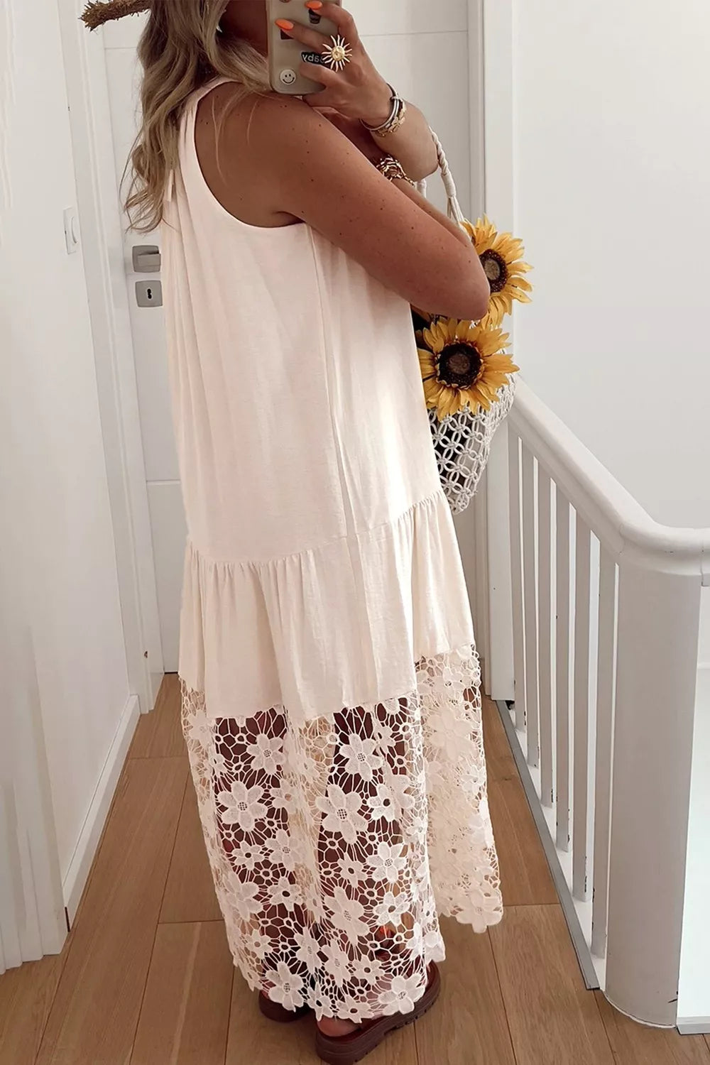 Hazel Blues® |  Hollowed Floral Lace Hem Patchwork Loose Halter Summer Dress