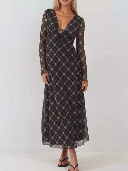 Hazel Blues® |  Tie Front Plaid Long Sleeve Dress
