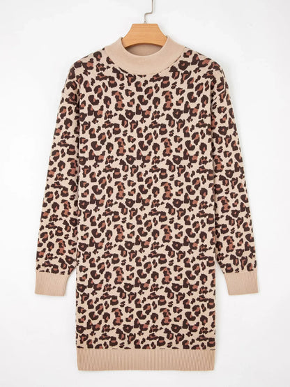 Hazel Blues® |  Leopard Print High Neck Shift Mini Sweater Dress