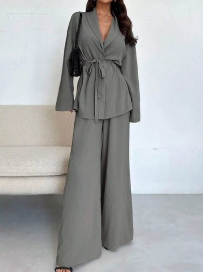 Hazel Blues® |  Front Tied Shirt and Wide-Leg Pants Set
