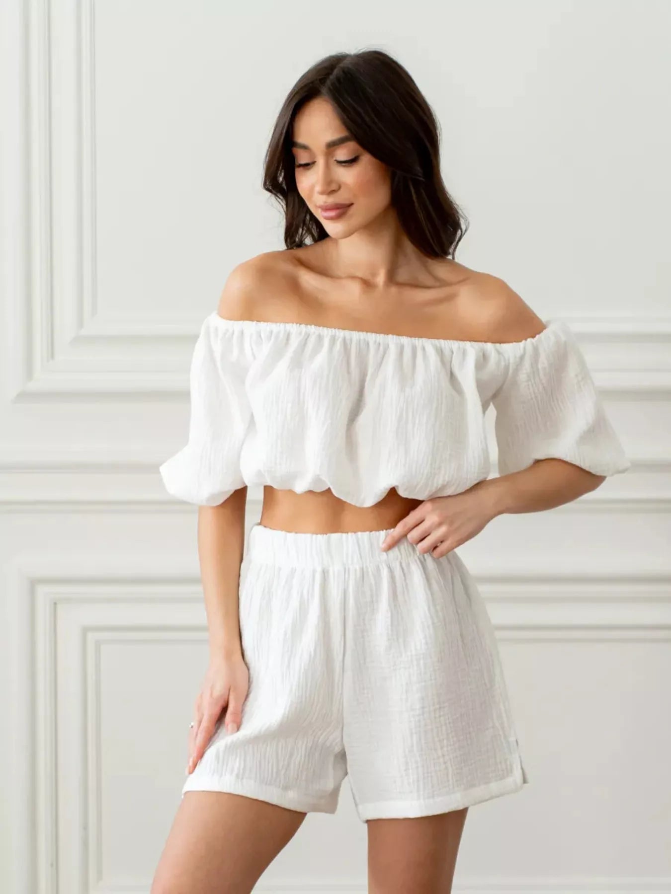 Hazel Blues® |  Off-Shoulder Cropped Top and Shorts Set