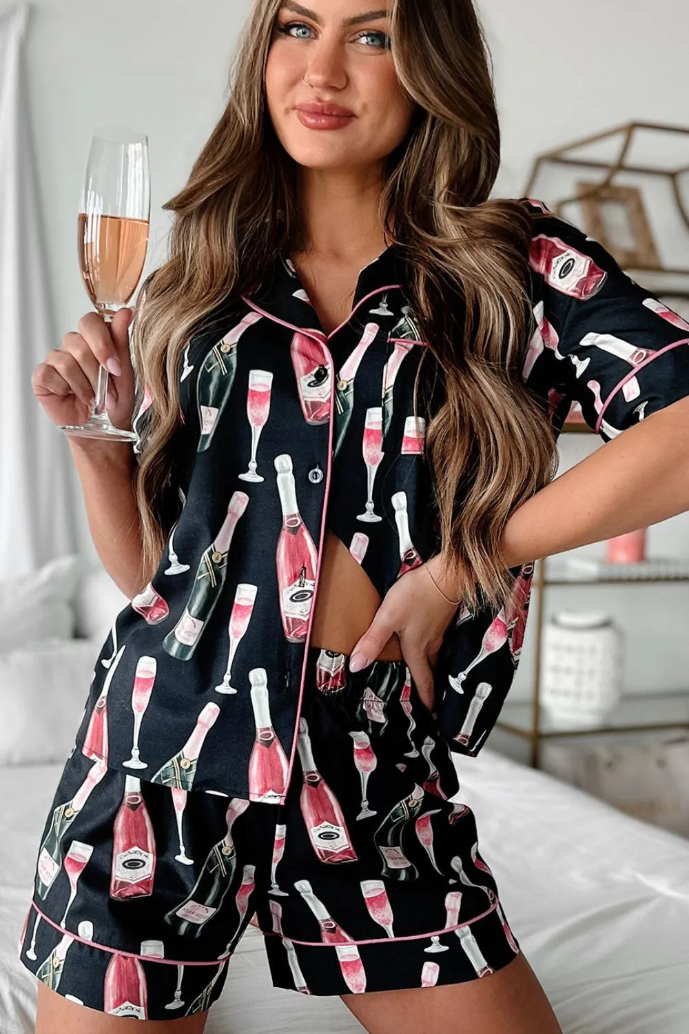 Hazel Blues® |  Champagne Print Short Sleeve Top and Shorts Set