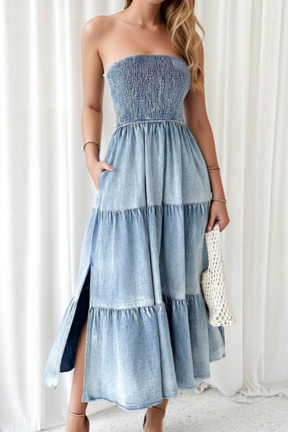 Hazel Blues® |  Smocked Tube Slit Tiered Denim Dress
