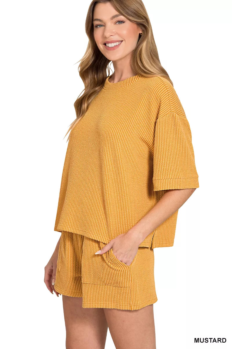 Hazel Blues® |  Zenana Raised Rib Short Sleeve Tee and Drawstring Shorts Set