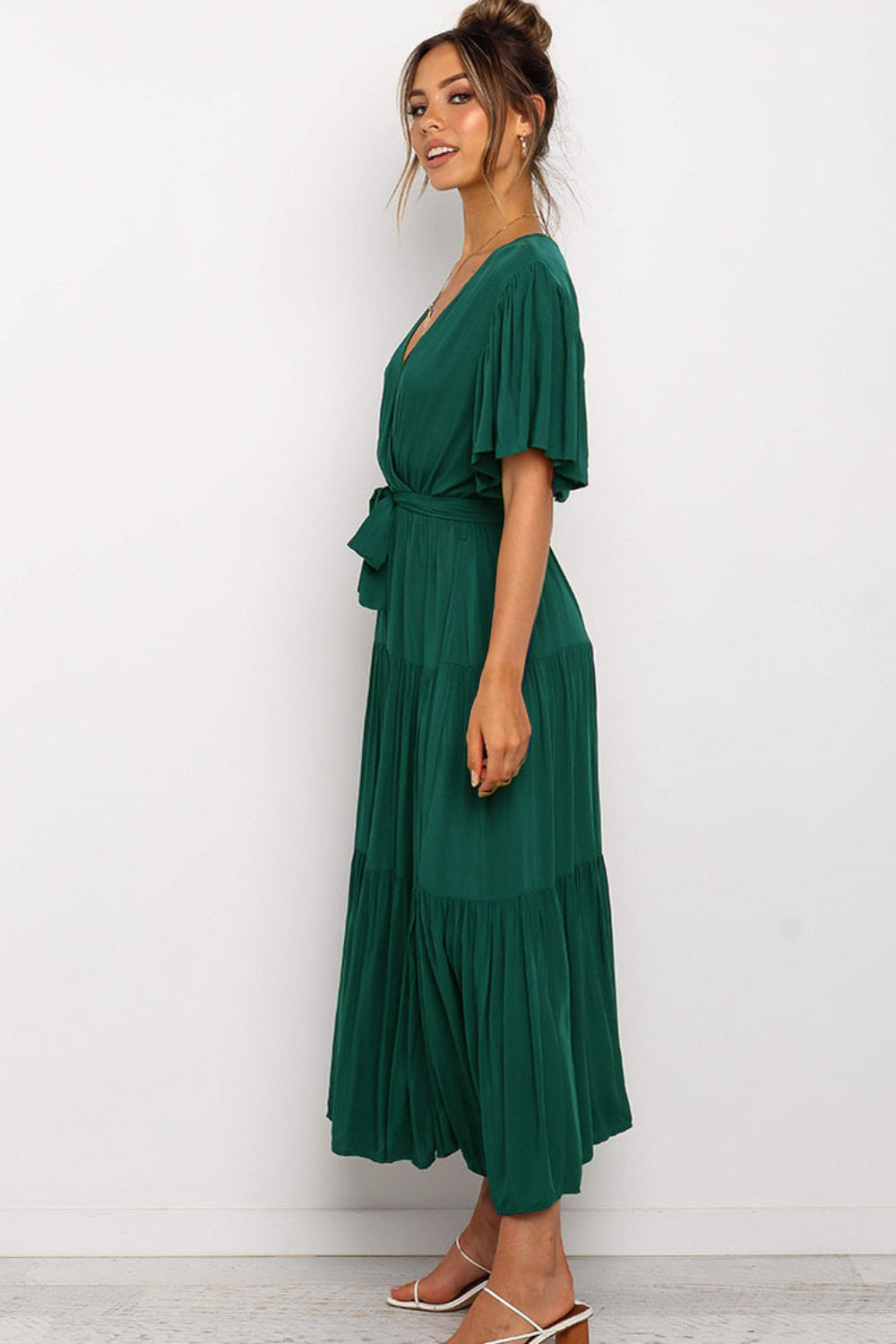 Hazel Blues® |  Front Tie Short Sleeve Tiered Midi Dress