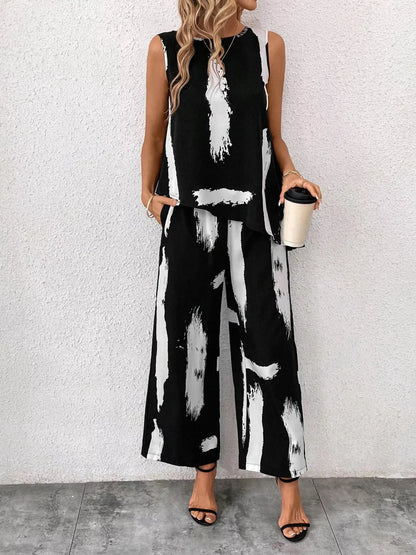 Hazel Blues® |  Abstract Print Sleeveless Top & Wide Leg Pants Set