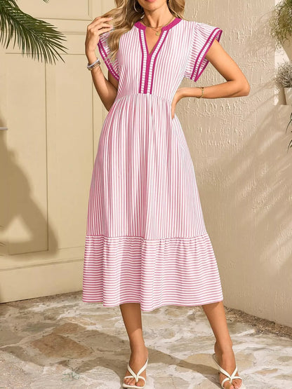 Hazel Blues® |  Striped Notched Ruffle Sleeve Dress