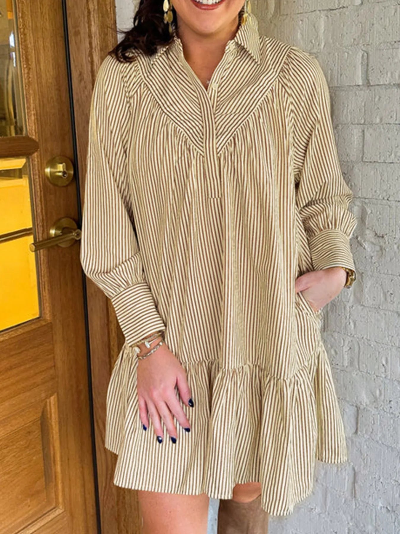 Hazel Blues® |  Stripe Collared Neck Cuffed Long Sleeve Drop Waist Mini Dress