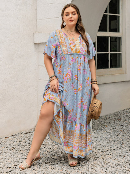 Hazel Blues® | Printed Tie Neck Flutter Sleeve Maxi Dress
