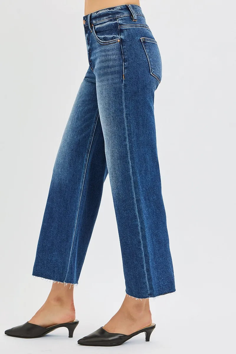 Hazel Blues® | RISEN Mid Rise Crop Wide Raw Cut Hem Jeans