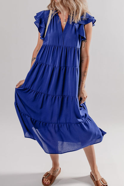 Hazel Blues® |  Ruffled Short Sleeve Collared V Neck Tiered Midi Dress