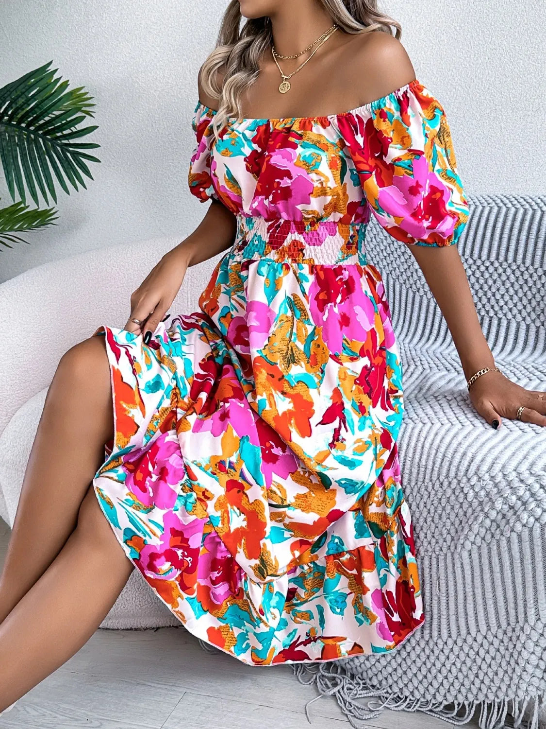 Hazel Blues® |  Ruffled Hem Smocked Floral Short Sleeve Midi Dress