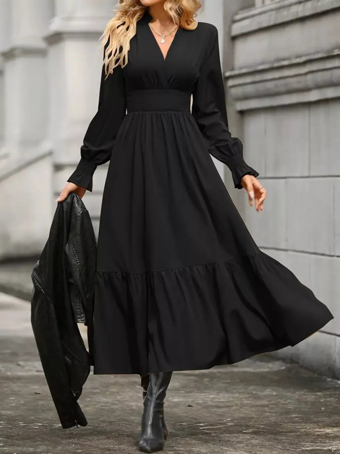 Hazel Blues® |  Surplice Long Sleeve Tiered Midi Dress
