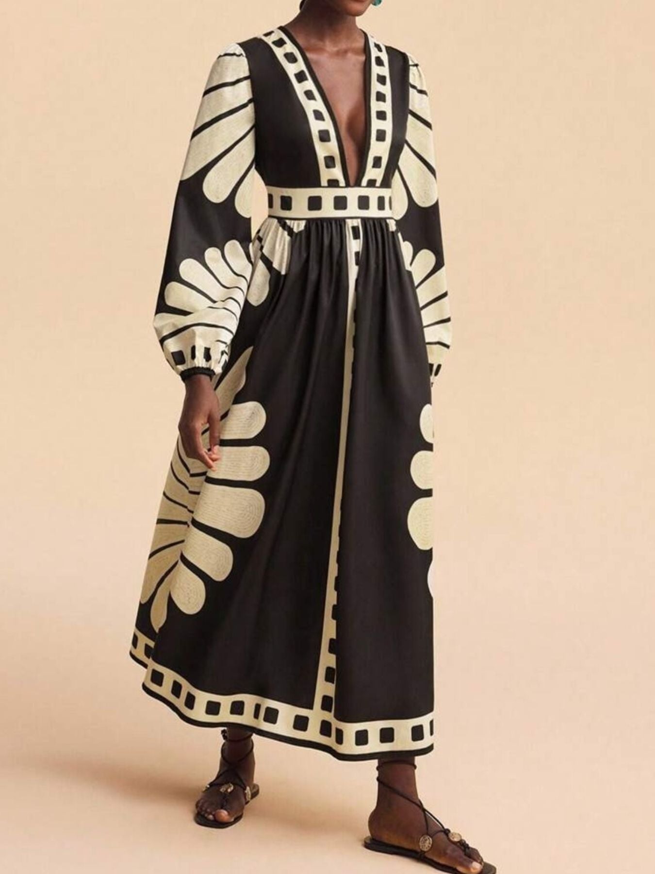 Hazel Blues® |  Printed Deep V-Neck Long Sleeve Dress