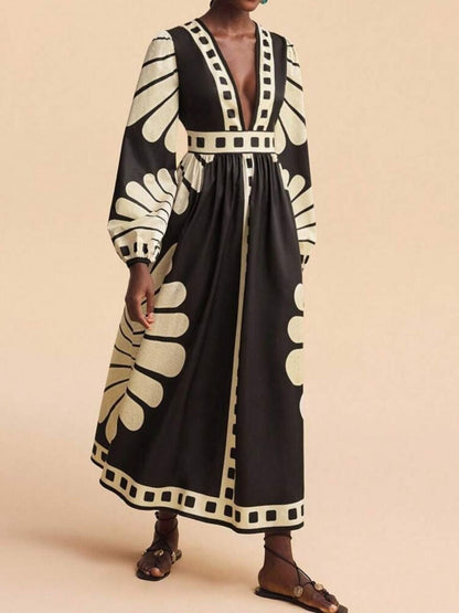 Hazel Blues® |  Printed Deep V-Neck Long Sleeve Dress