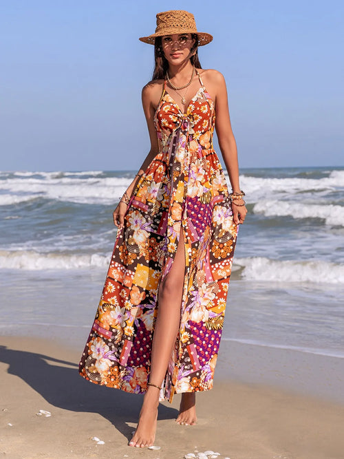 Hazel Blues® |  Slit Printed Halter Neck Cami Dress