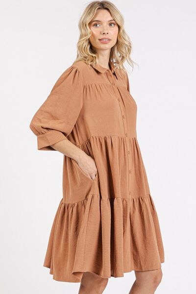 Hazel Blues® |  Mittoshop Button Detail Collared Neck Tiered Shirt Dress