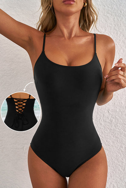 Hazel Blues® | Dearlove Black Thin Strap Strappy Lace-up Open Back One Piece Swimsuit