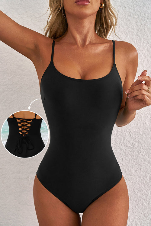 Hazel Blues® | Dearlove Black Thin Strap Strappy Lace-up Open Back One Piece Swimsuit