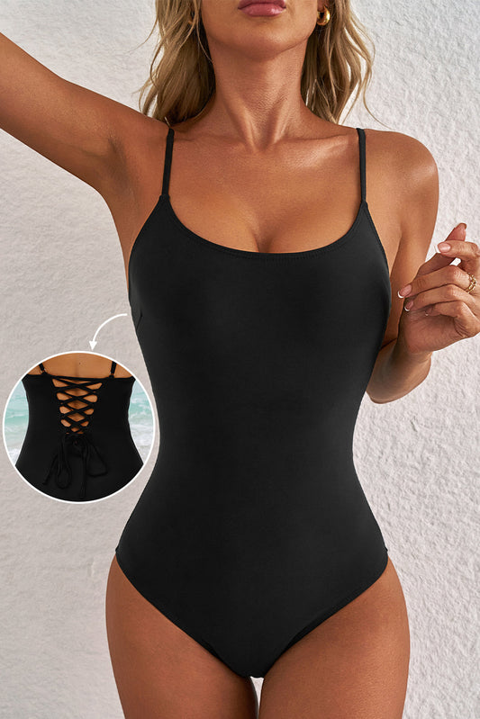 Hazel Blues® | Dearlove Black Thin Strap Strappy Lace-up Open Back One Piece Swimsuit