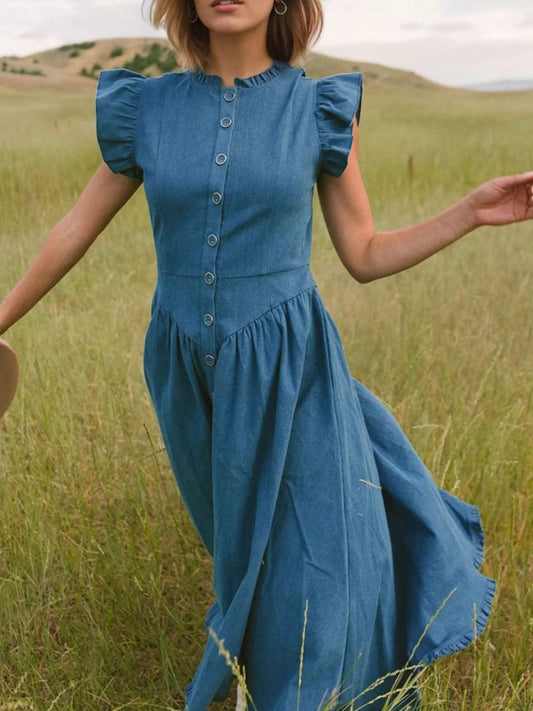 Hazel Blues® |  Ruffled Cap Sleeve Denim Dress