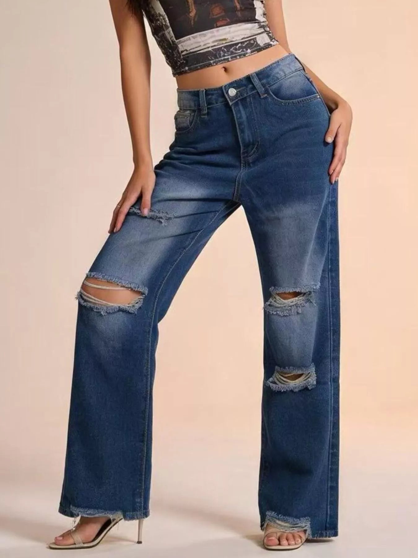 Hazel Blues® |  Distressed Wide Leg Jeans