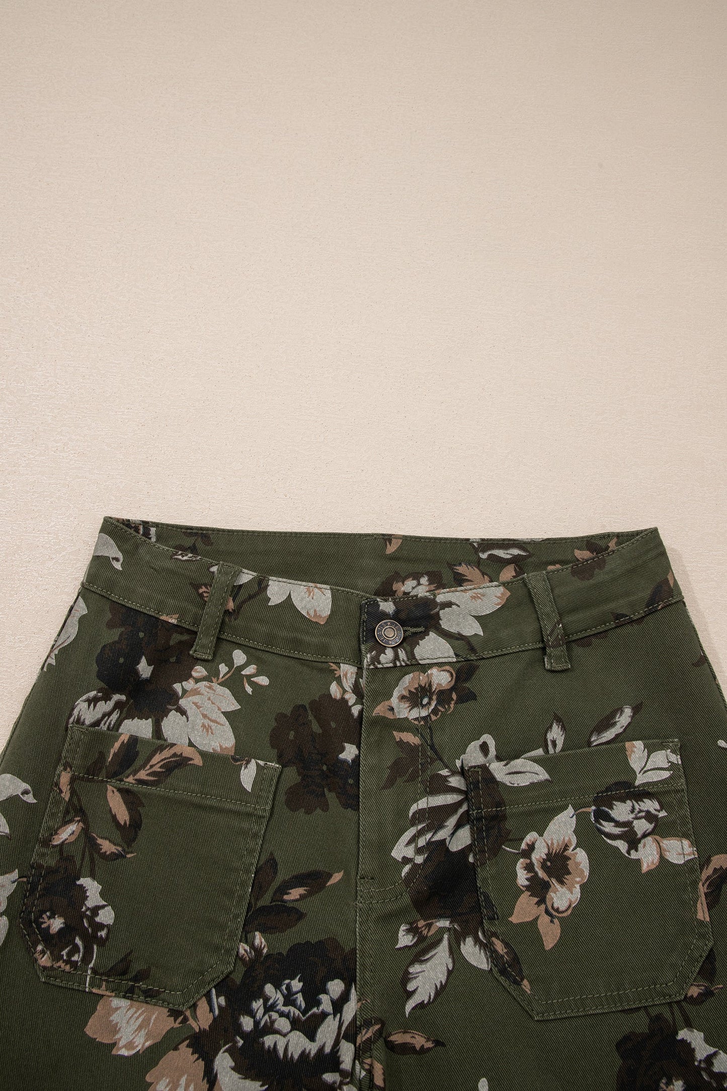 Hazel Blues® |  Green Vintage Floral Print Square Patch Pocket Raw Hem Shift Jeans