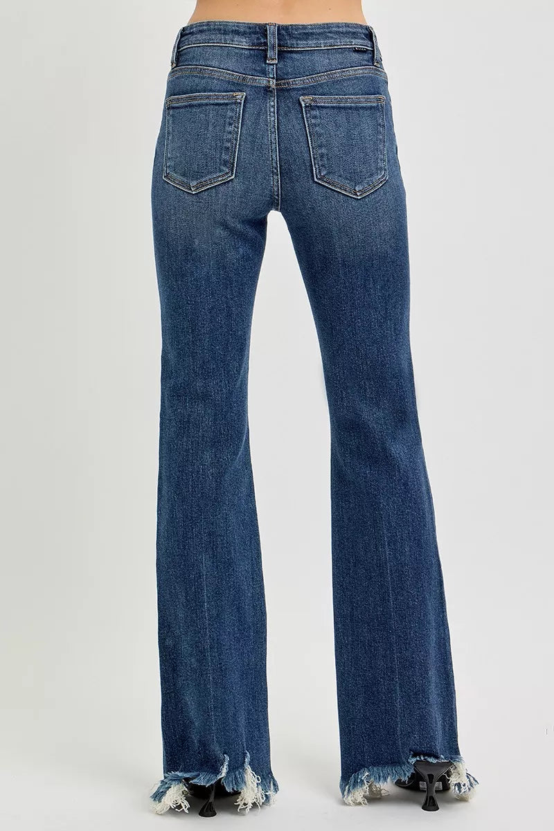 Hazel Blues® | RISEN Mid Rise Flare Frayed Hem Jeans