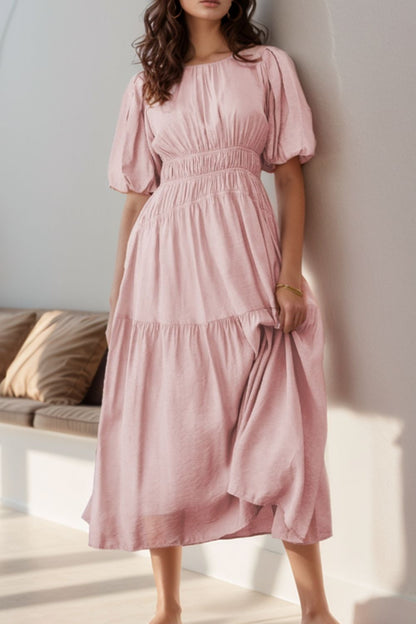 Hazel Blues® |  Puff Sleeve Pleated High Waist Flowy Midi Dress