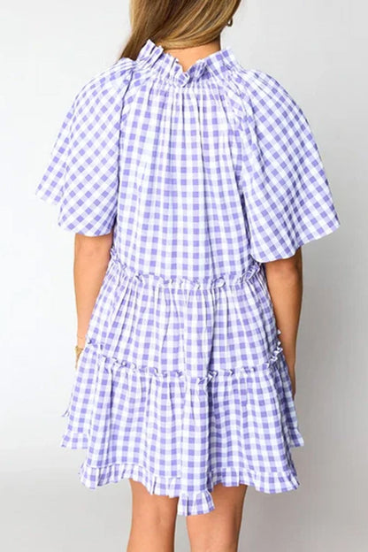 Hazel Blues® |  Plaid Tie Neck Short Sleeve Babydoll Mini Dress