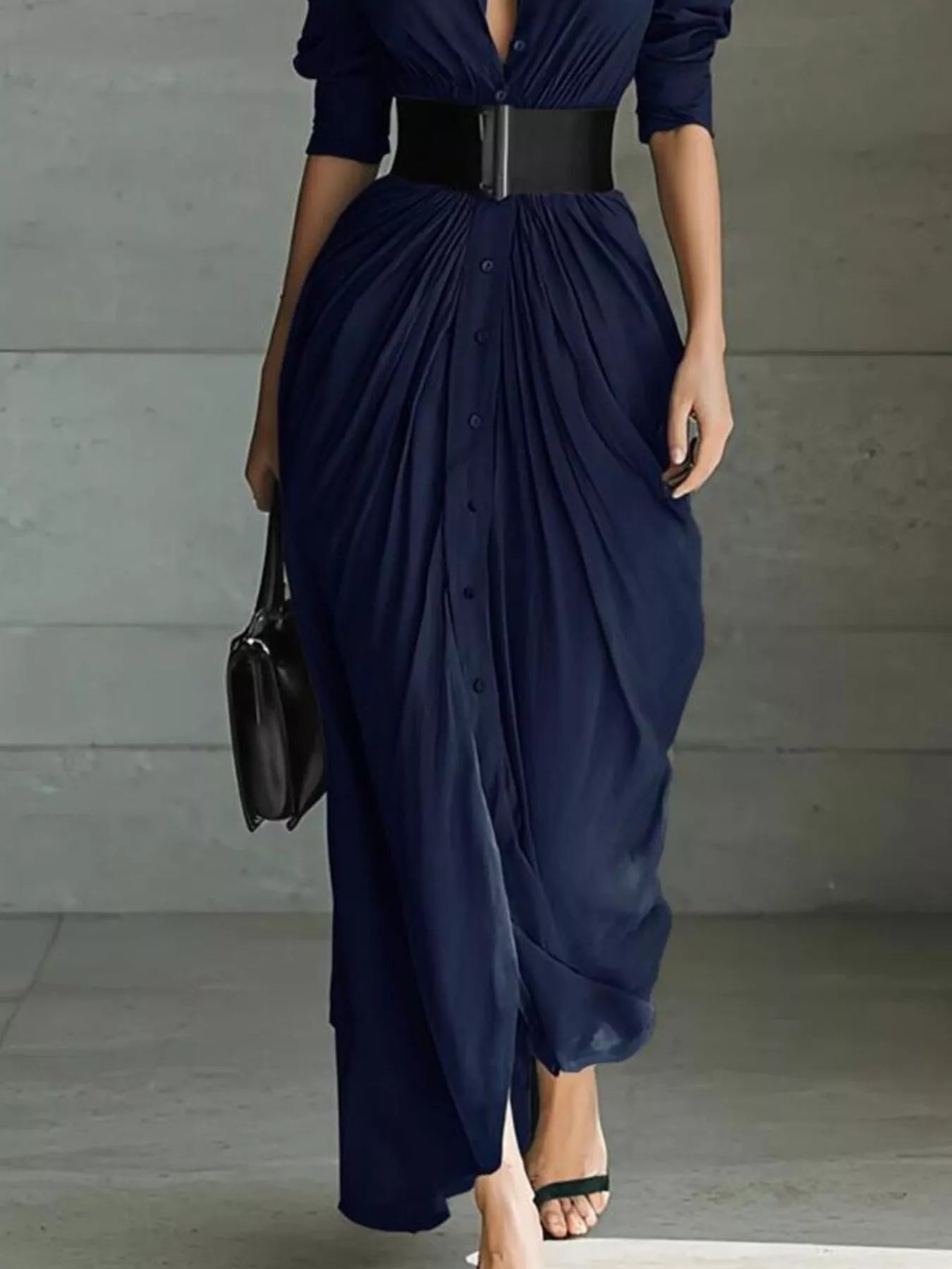 Hazel Blues® | Button Front Ruched Shirt Maxi Dress