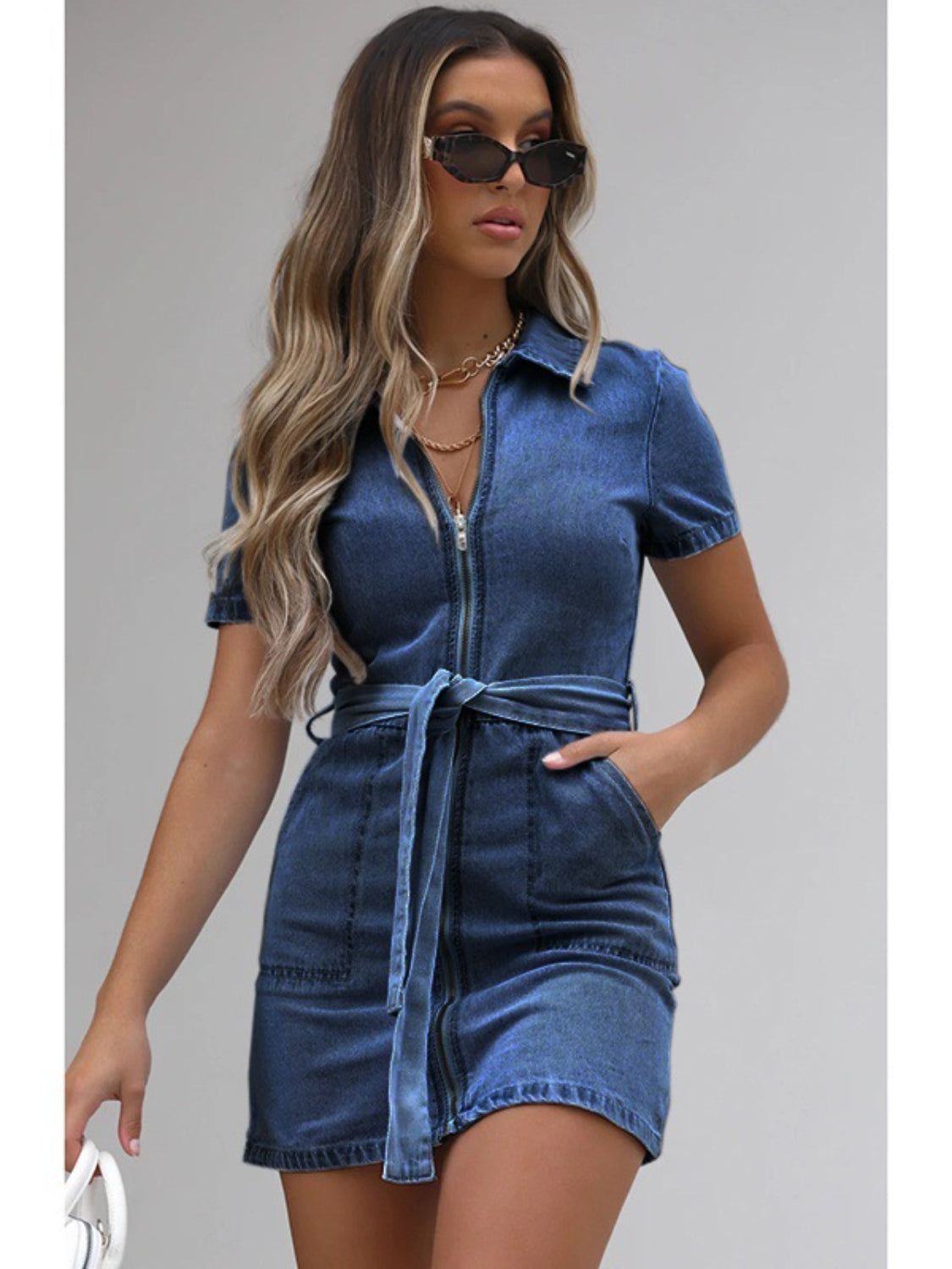 Hazel Blues® | Zip Front Short Sleeve Denim Dress
