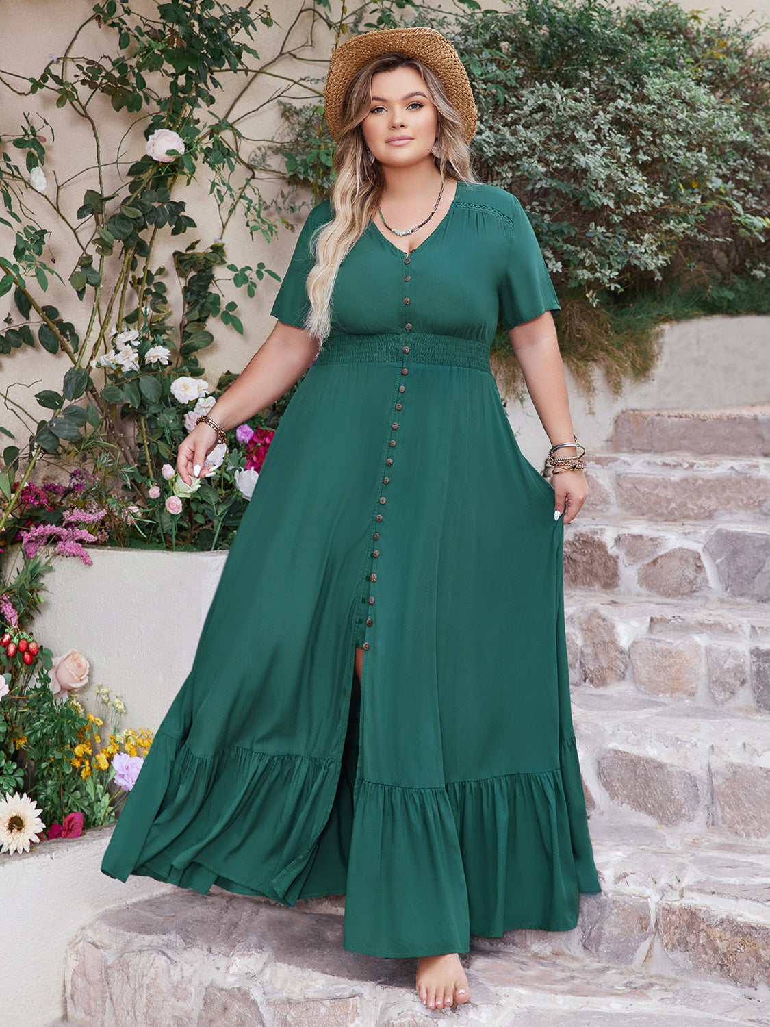 Hazel Blues® | Button Detail V-Neck Short Sleeve Maxi Dress
