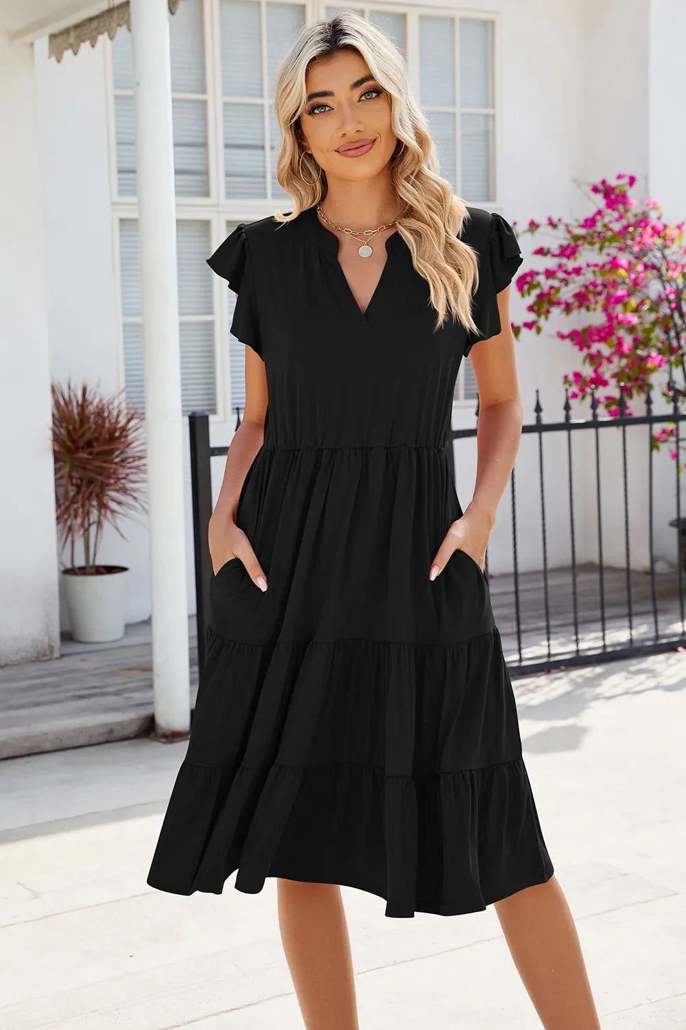 Hazel Blues® |  Ruched Notched Cap Sleeve Dress