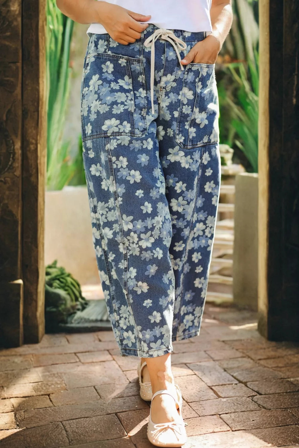 Hazel Blues® |  Dainty Floral Printed Drawstring Barrel Jeans