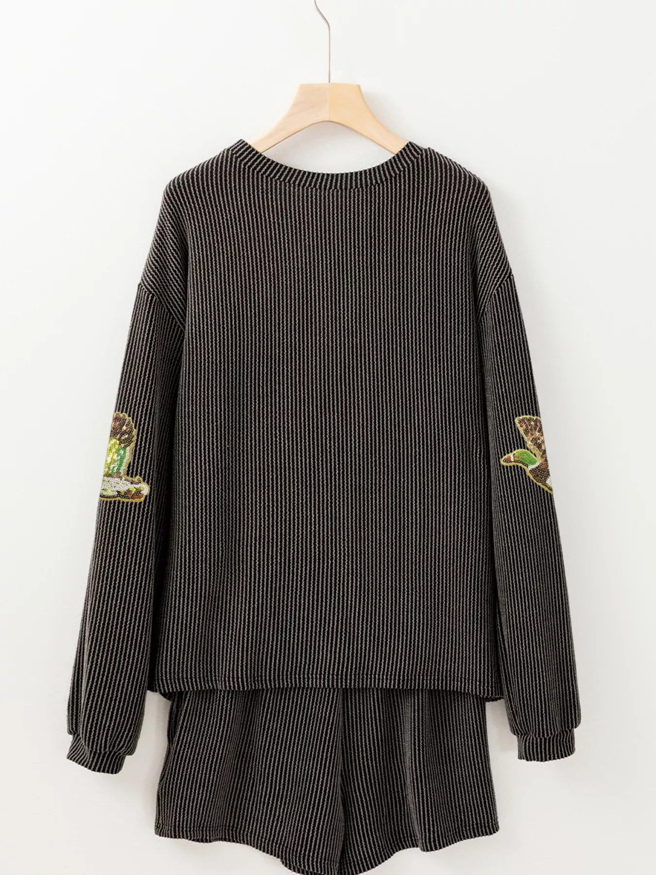Hazel Blues® |  Flying Mallard Sequin Patched Ribbed Long Sleeve Top and Shorts Set