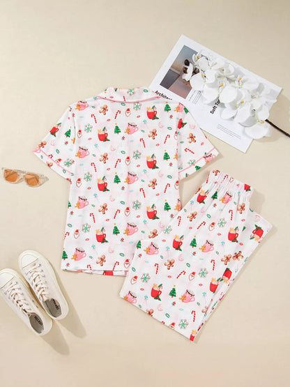 Hazel Blues® |  Christmas Spirit Cute Holiday Print Short Sleeve Shirt and Pants 2pcs Pajama Set