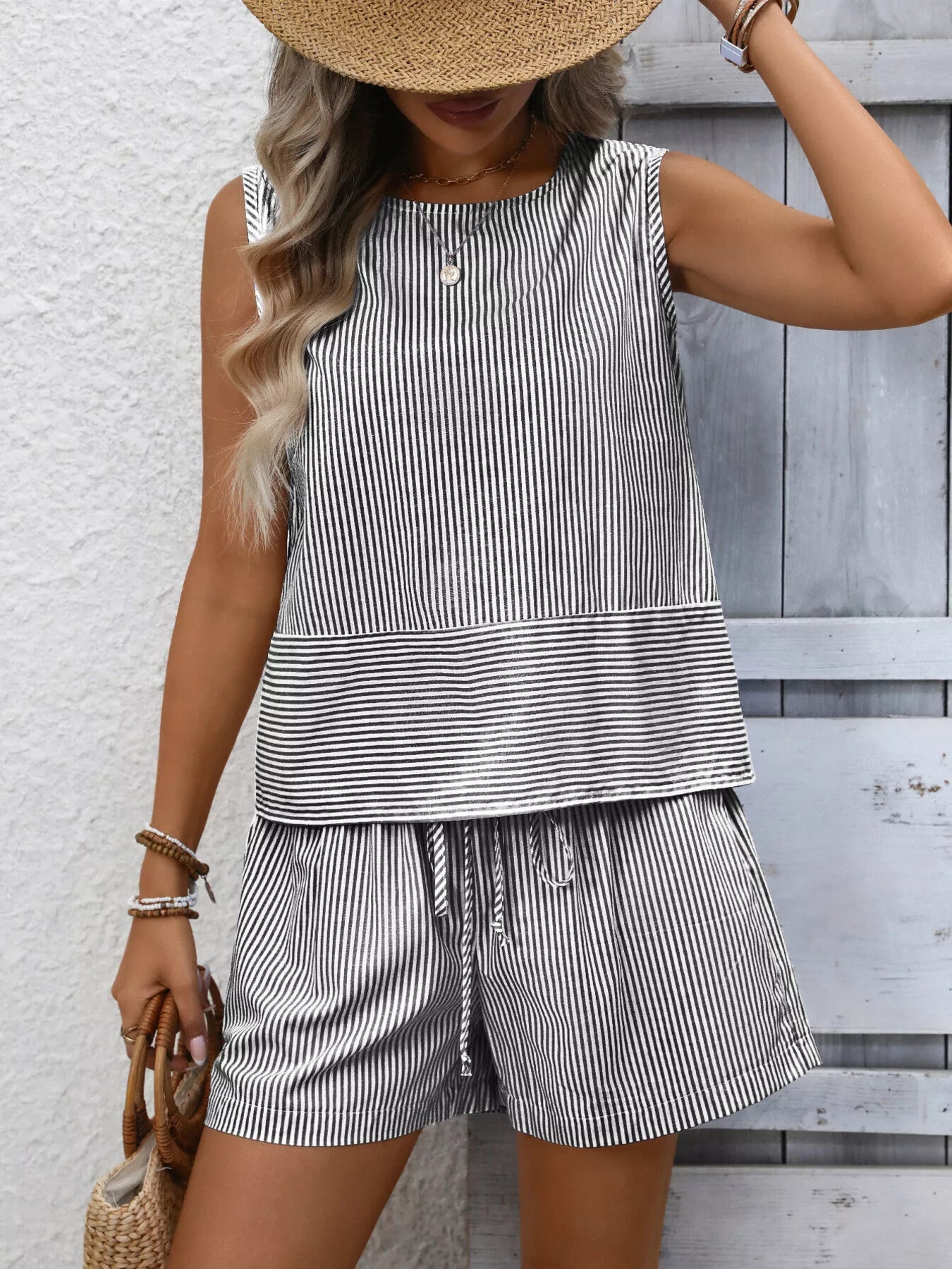 Hazel Blues® |  Striped Sleeveless Top & Drawstring Shorts Set