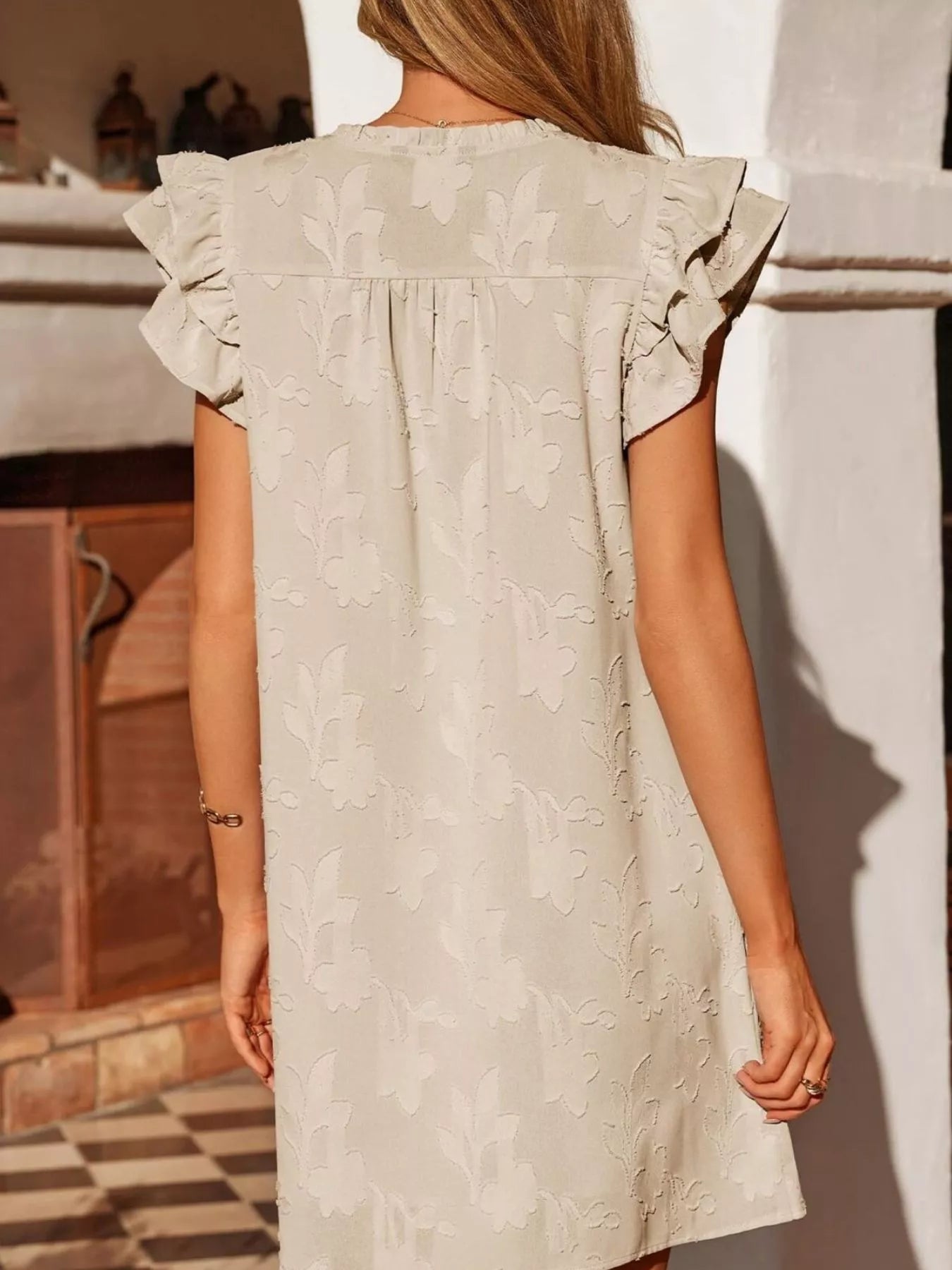 Hazel Blues® |  Floral Embossed Ruffle Sleeve Mini Dress
