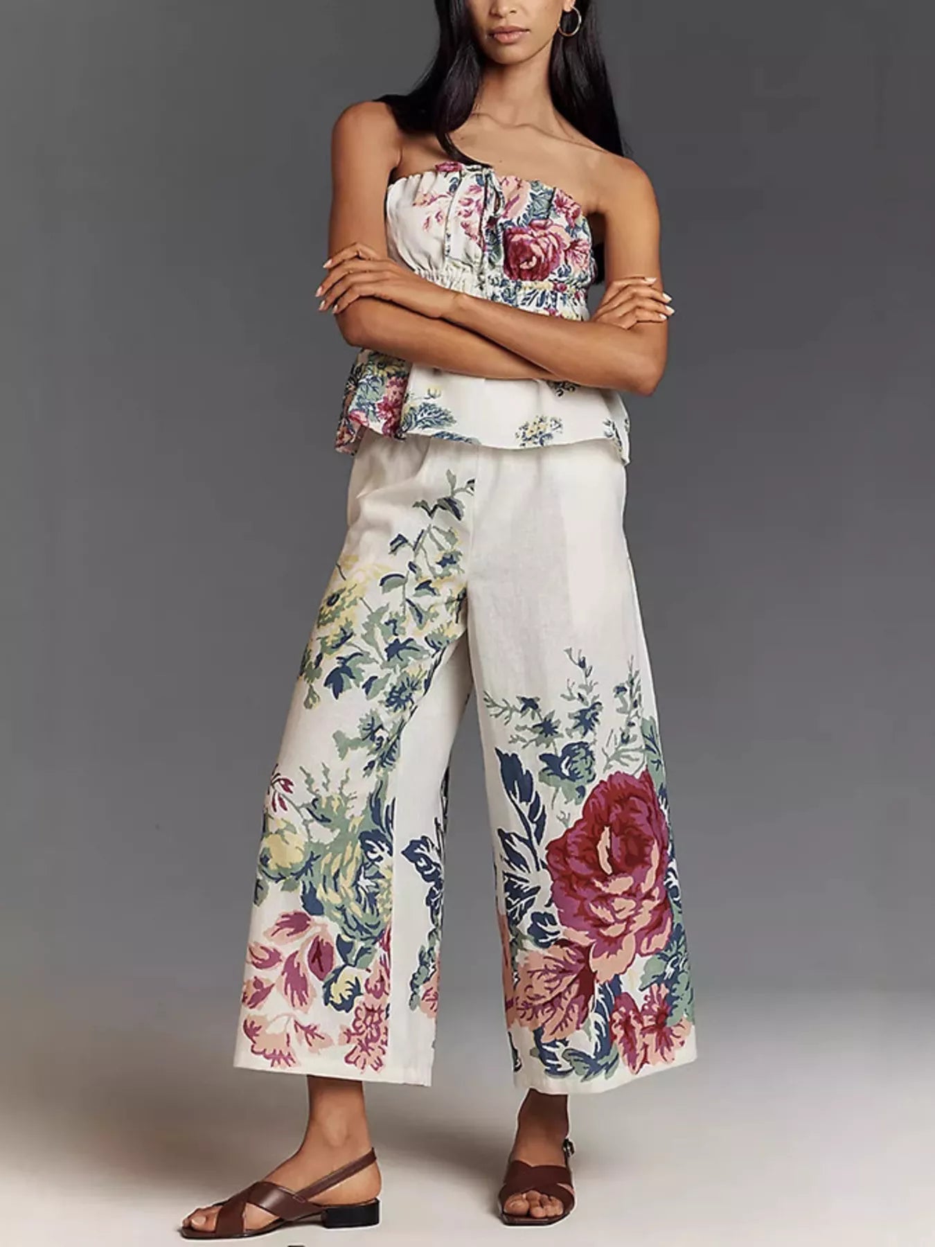 Hazel Blues® |  Floral Print Strapless Top and Wide-Leg Pants Set
