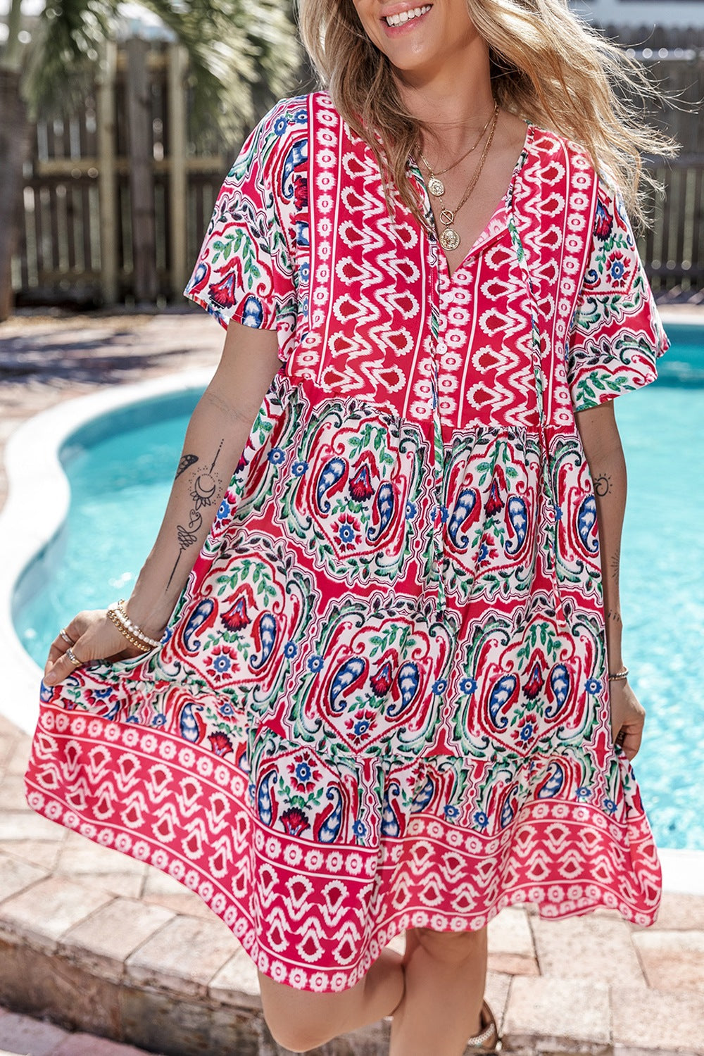 Hazel Blues® |  Printed Tie Neck Short Sleeve Dress