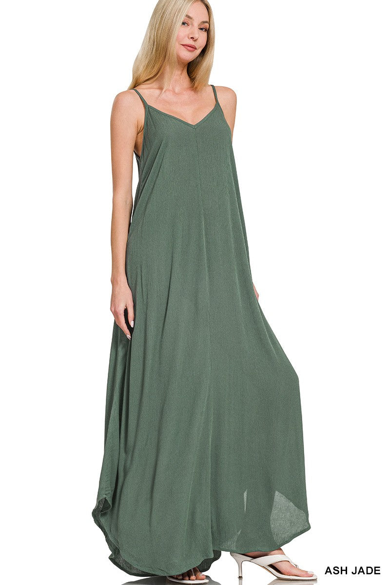 Hazel Blues® |  Zenana Woven Crinkle Cami Maxi Dress with Side Pockets