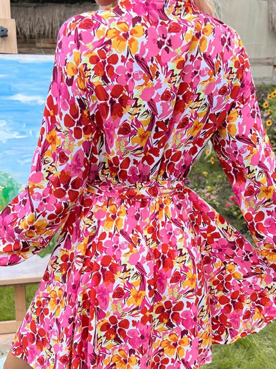 Hazel Blues® |  Perfee Tie Front Printed Long Sleeve Mini Dress